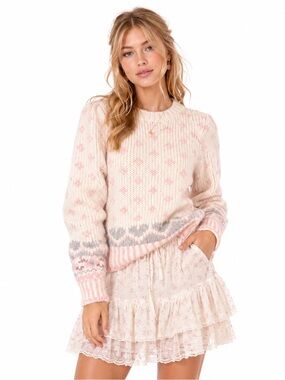 LoveShackFancy Rosie Alpaca Wool Fair Isle Heart Sweater Pink Cream Medium